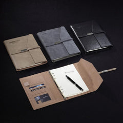 Loose Leaf Notebook With Thin Leather Strap And Flap Closure With Slanted Edge