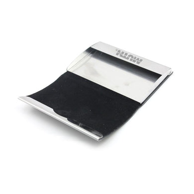 Metal Name Card Flip-Open Holder With Textured PU Leather Curved Cover